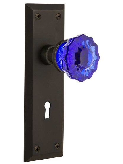 New York Door Set with Keyhole and Colored Fluted Crystal Glass Knobs Cobalt Blue in Oil-Rubbed Bronze.